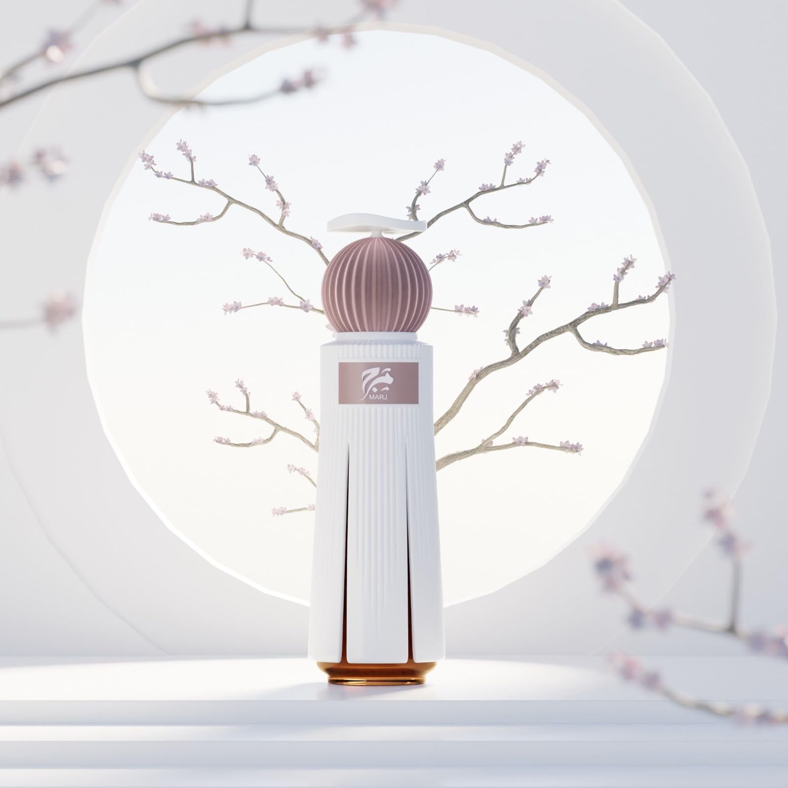 Ahmed Al Maghribi Marj ingredients display with amber wood and rose highlights