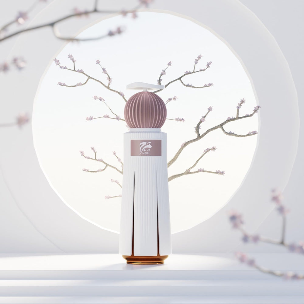 Ahmed Al Maghribi Marj ingredients display with amber wood and rose highlights