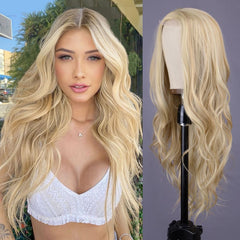 Aida ble front view long wavy wig showing natural middle part benefit