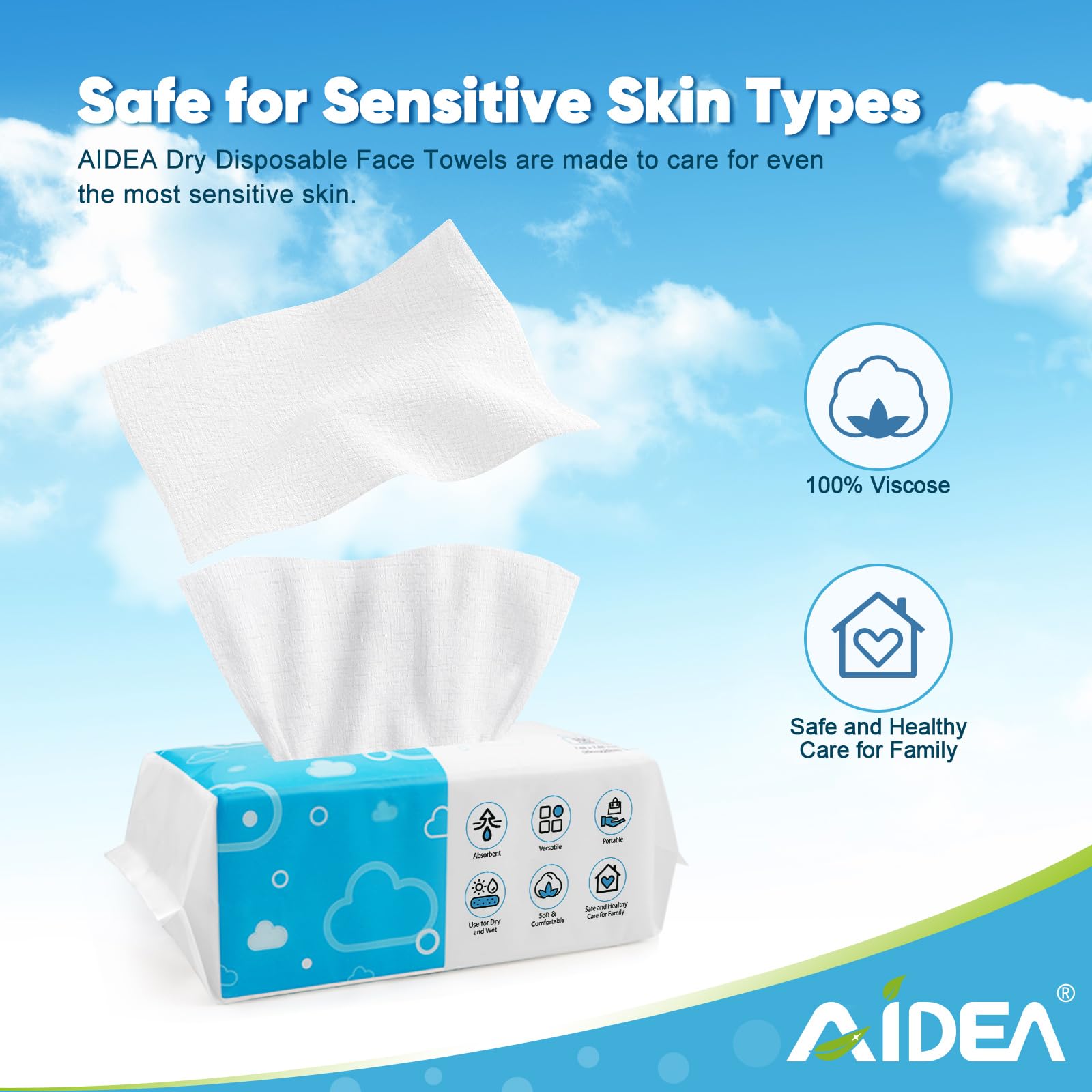 AIDEA unwrapped towelette flat to show full 7.8 by 7.8 size