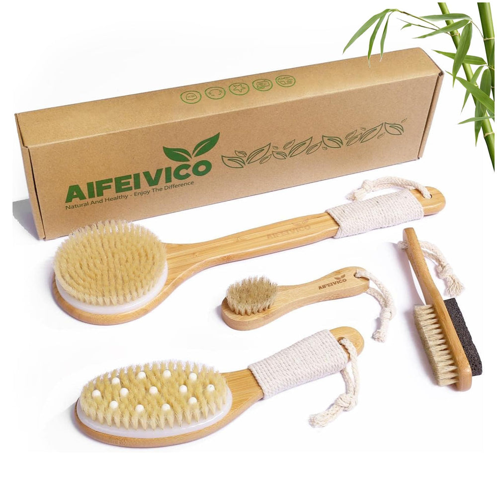 AIFEIVICO full brush set front view showing bamboo handles and travel bag, durable design benefit