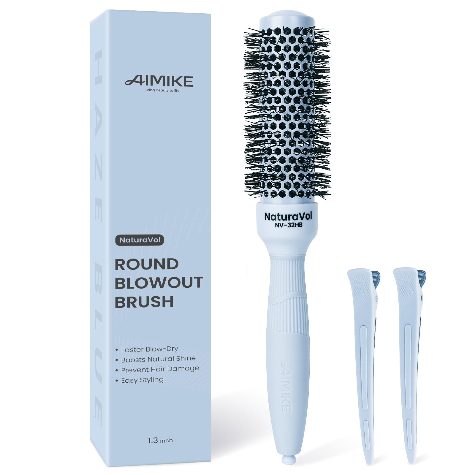 AIMIKE front profile of blue round brush showing compact shape and easy grip