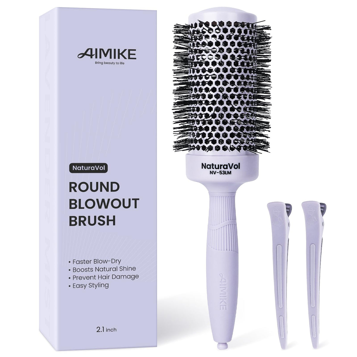 AIMIKE front view of purple round brush showing full barrel for volume