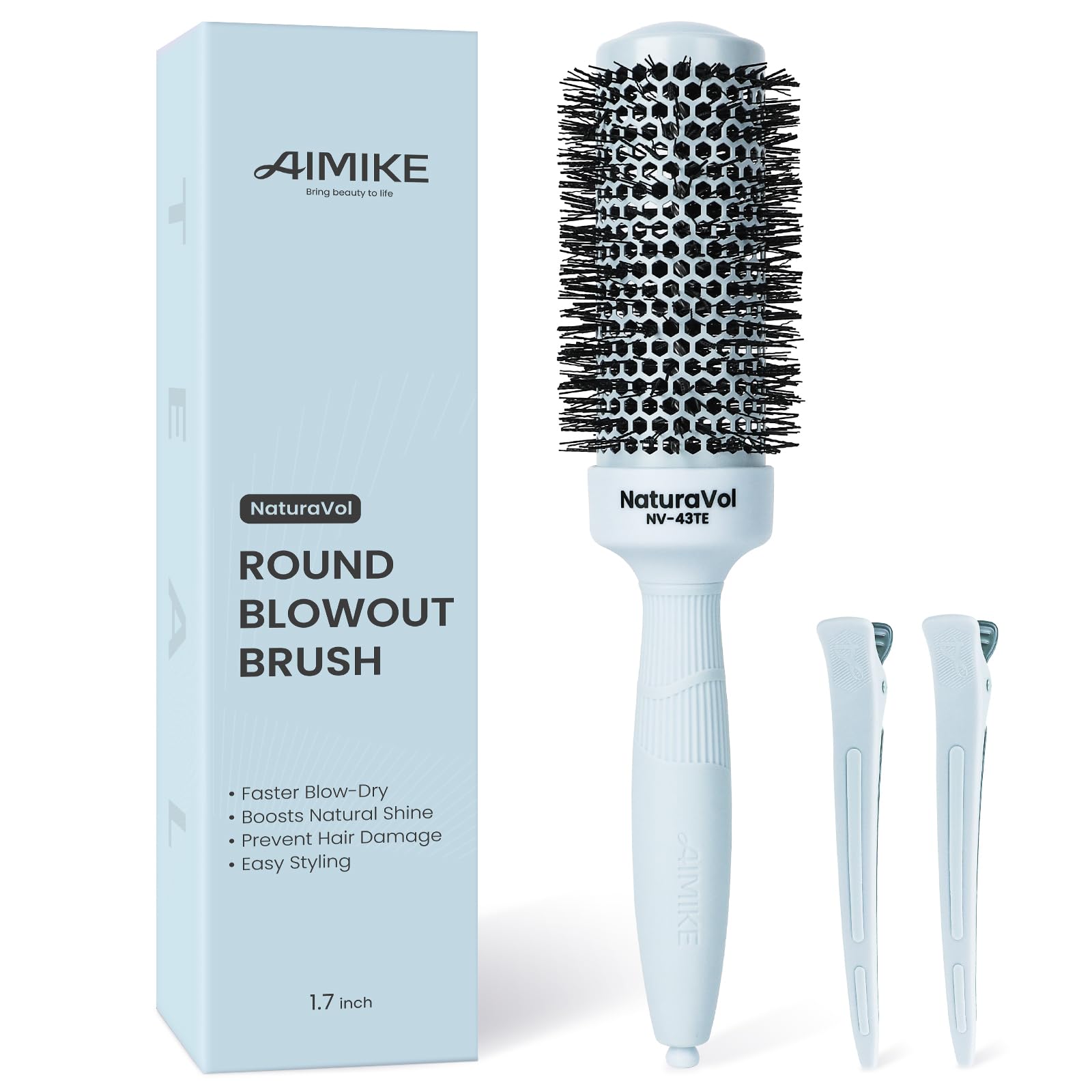 AIMIKE front view teal round brush showing compact barrel for volume
