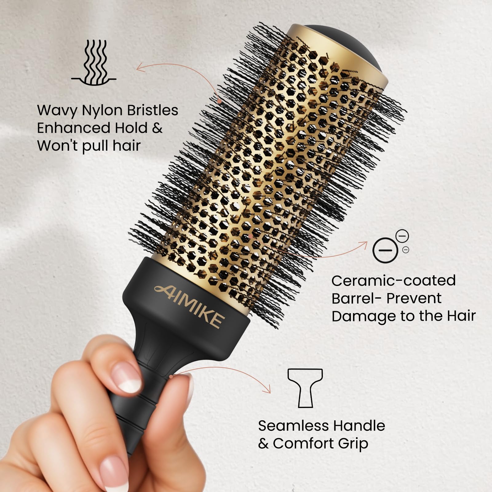 AIMIKE brush in use while blow drying to create volume and speed drying