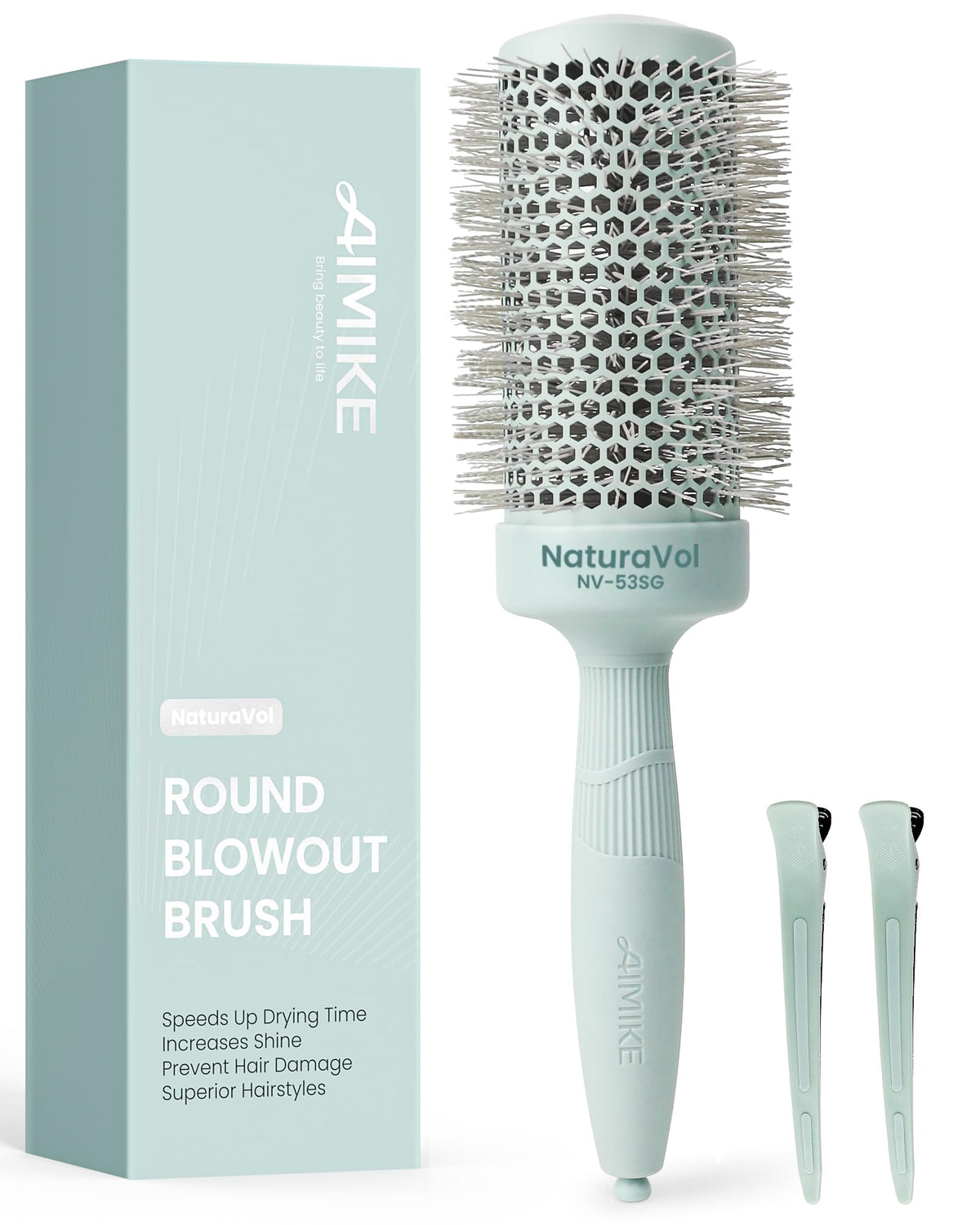 AIMIKE large round brush front view shows barrel and bristles for smooth styling