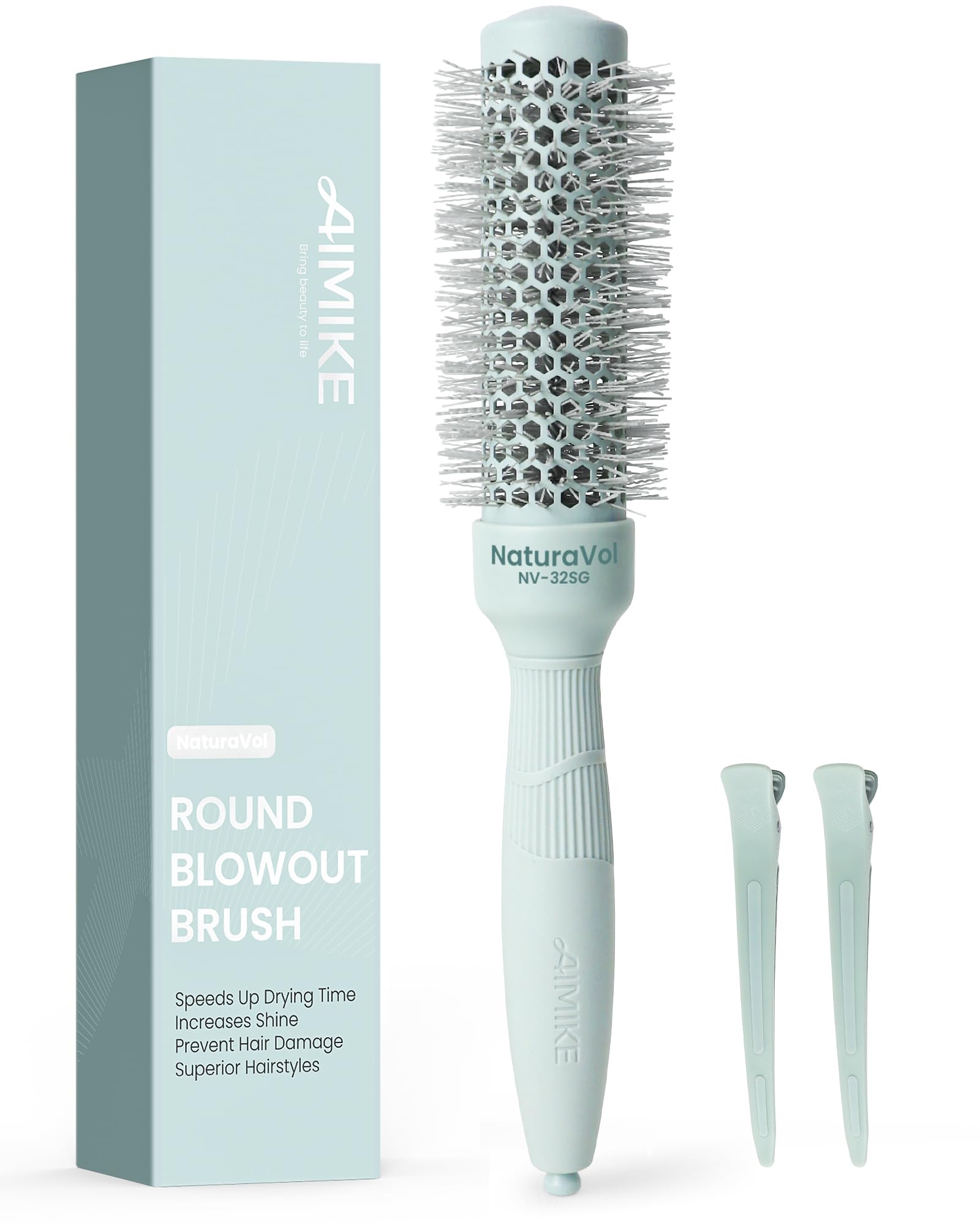 AIMIKE brush front view showing compact barrel for precise styling and quicker drying