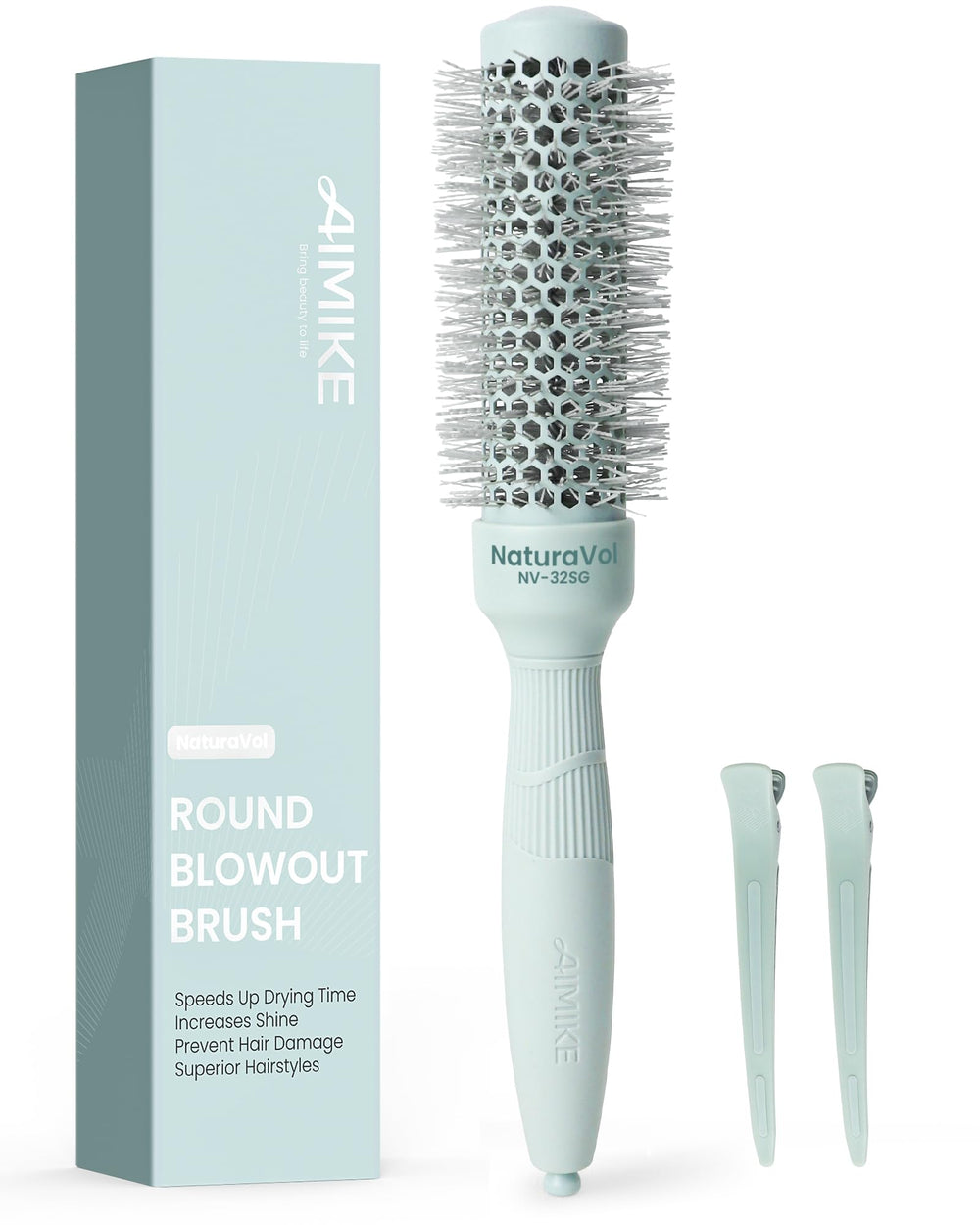 AIMIKE brush front view showing compact barrel for precise styling and quicker drying