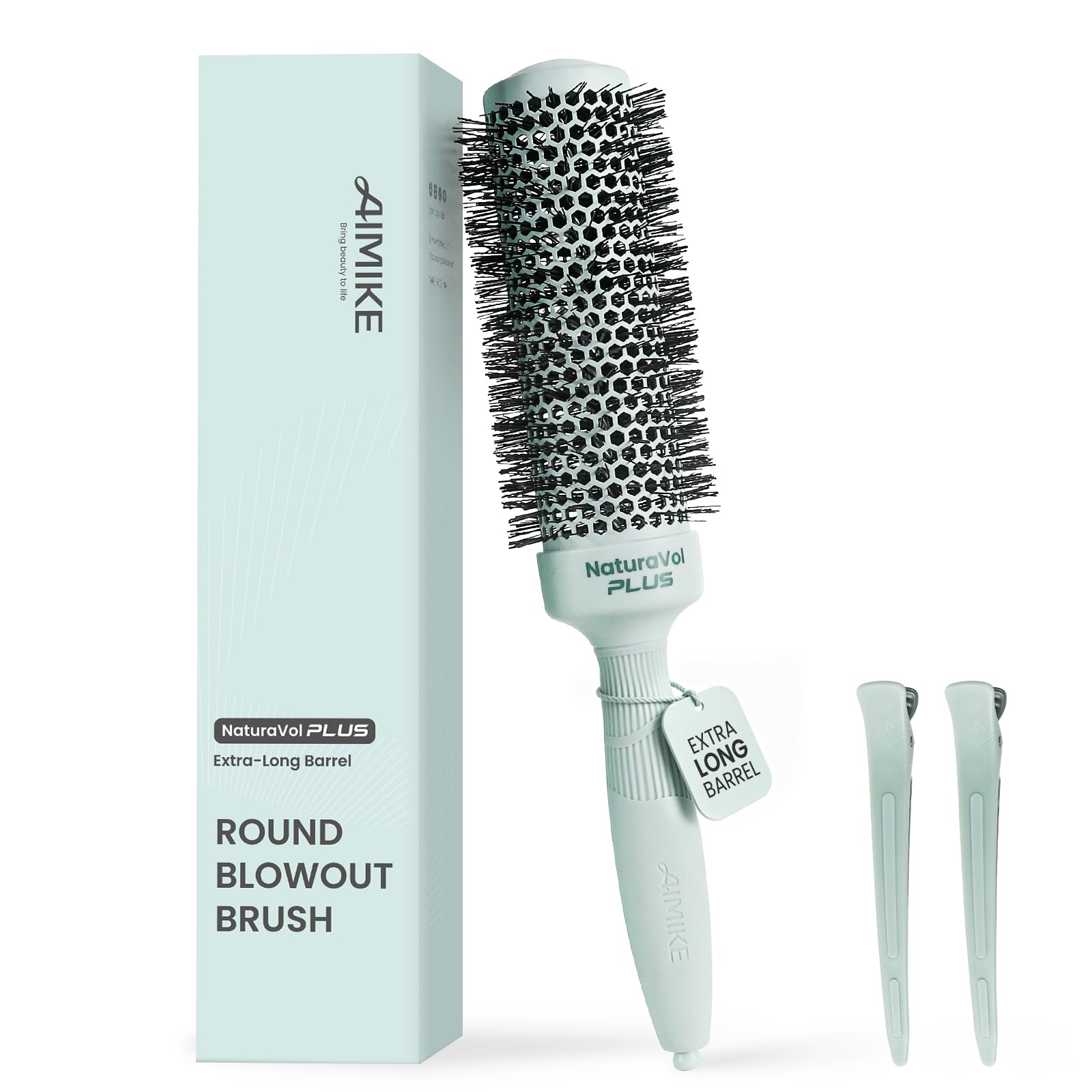 AIMIKE front view of NaturaVol PLUS brush showing full barrel and bristles for faster styling