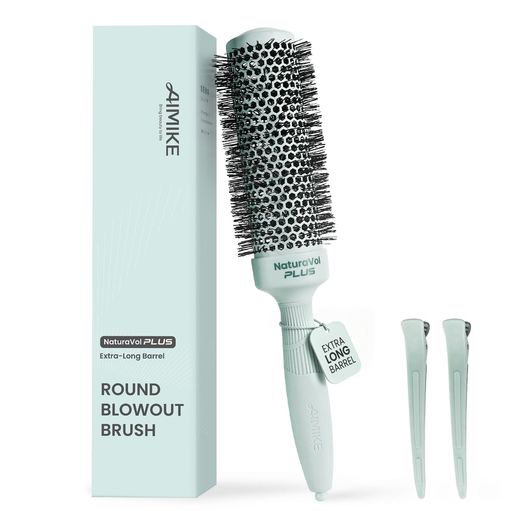 AIMIKE front view of NaturaVol PLUS brush showing full barrel and bristles for faster styling