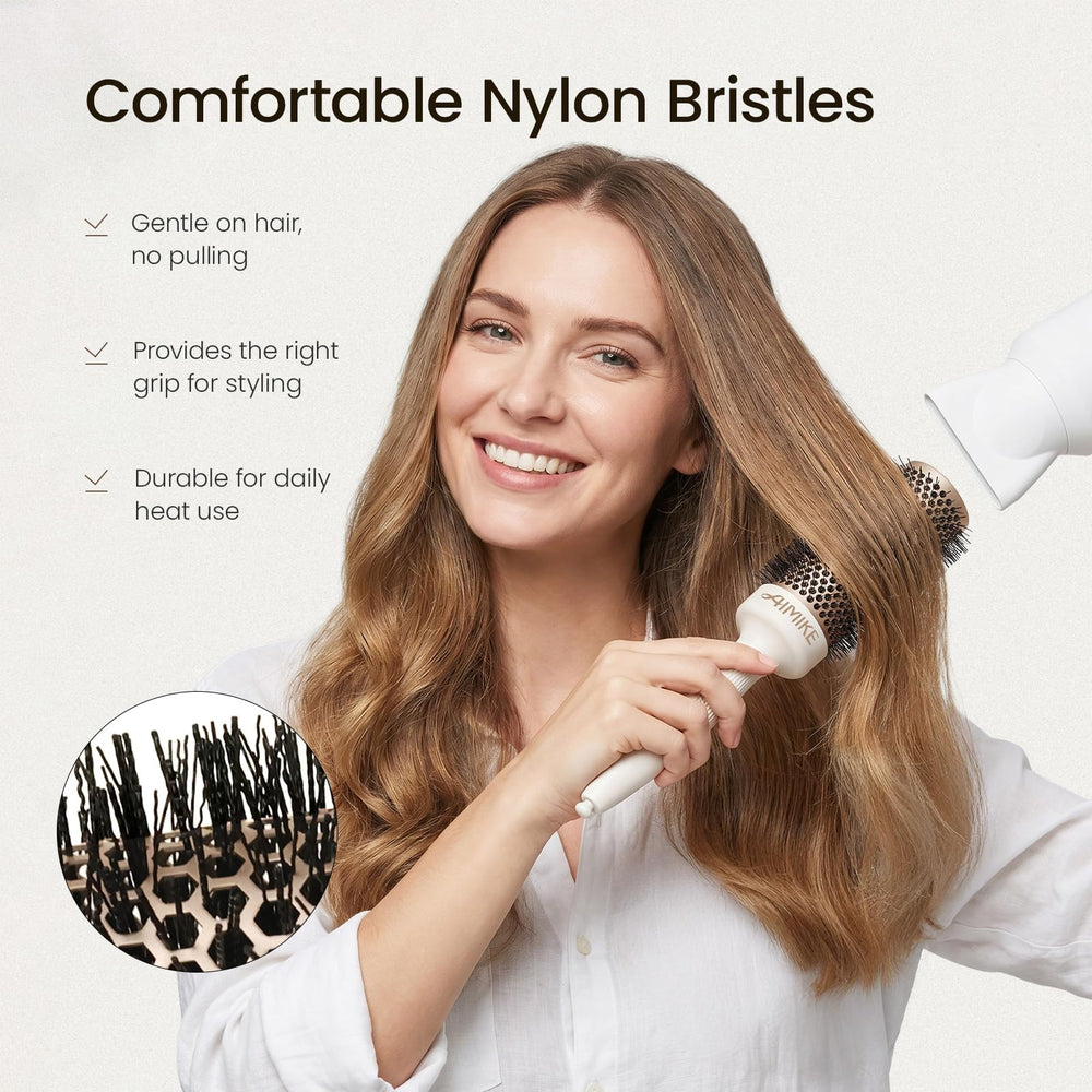 AIMIKE size comparison showing 1.7-inch barrel scale for medium-length hair styling ease