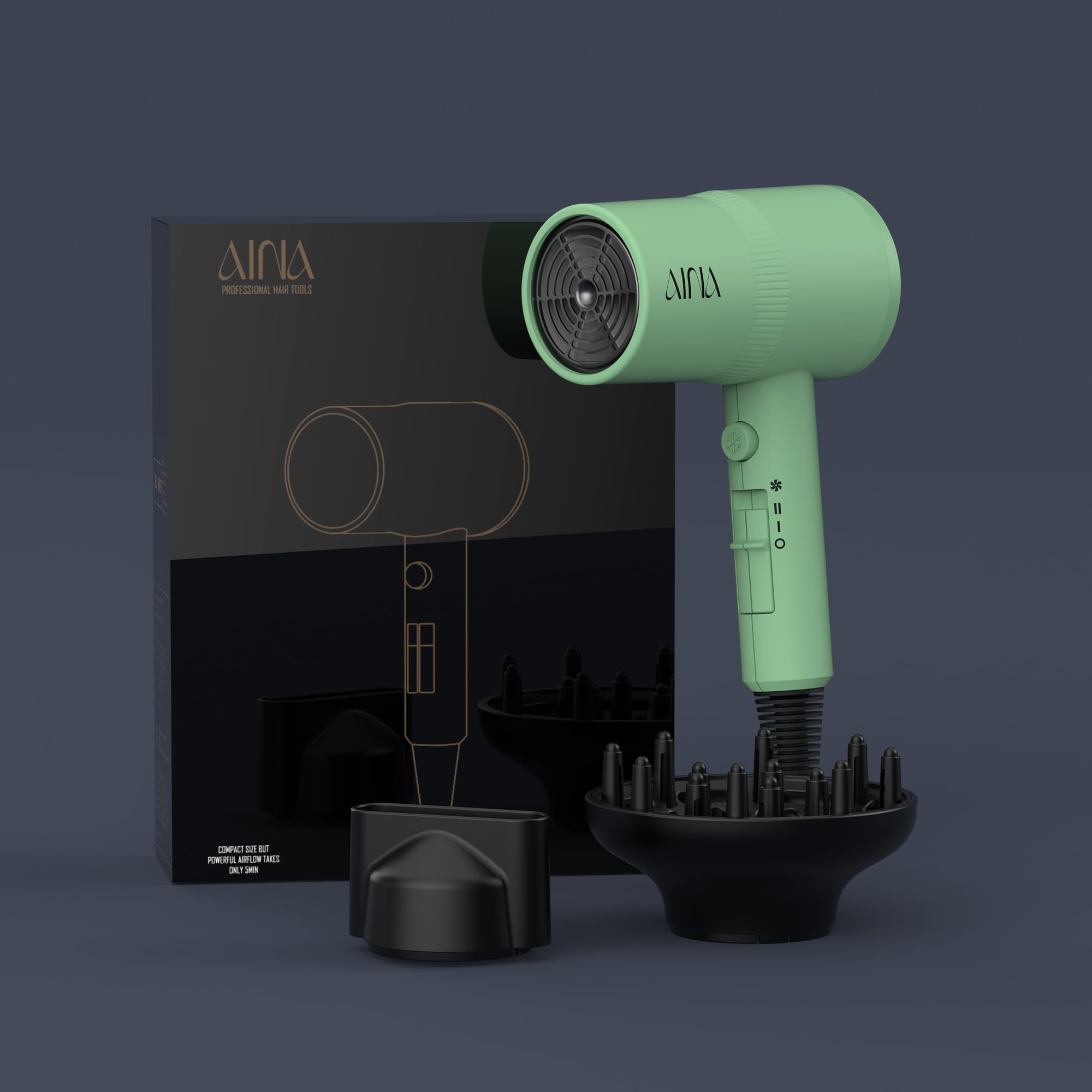AINA dryer ceramic and tourmaline detail illustrating even heat and reduced frizz
