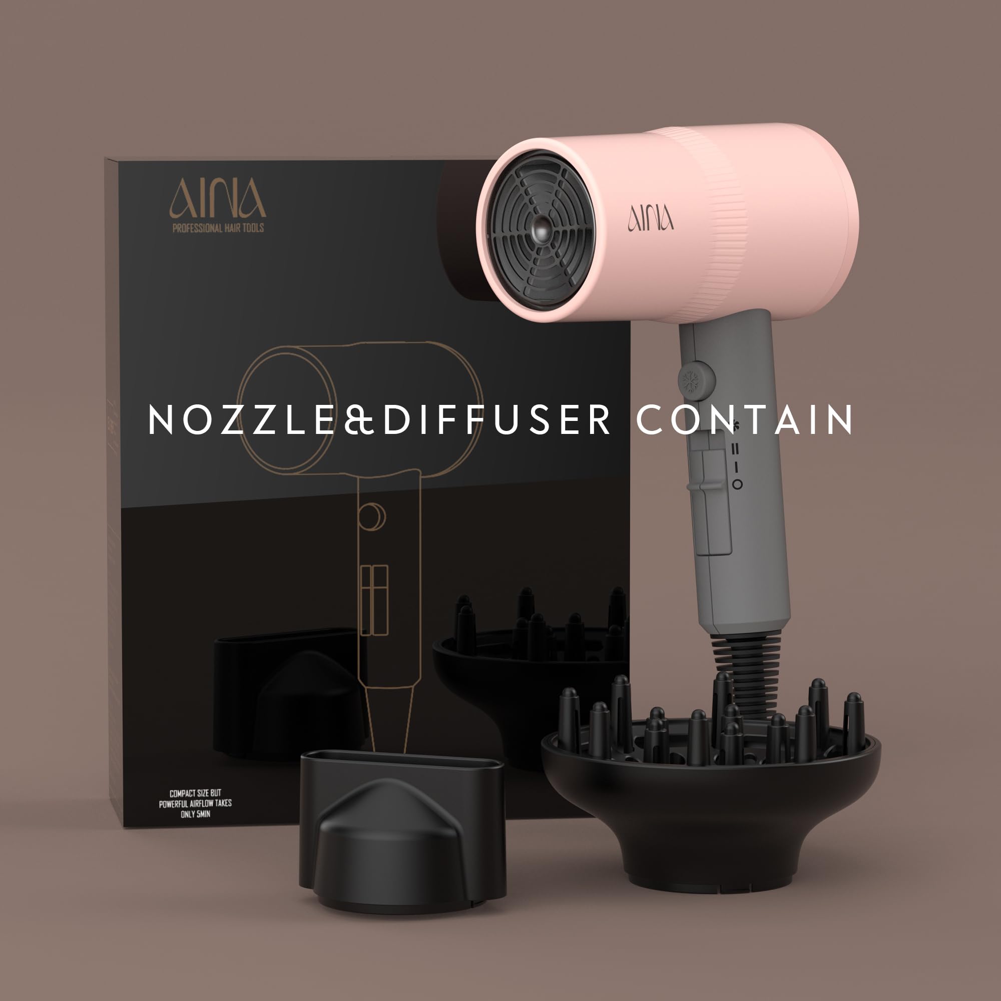 AINA hair dryer with finger diffuser attached showing volume-enhancing airflow for defined texture