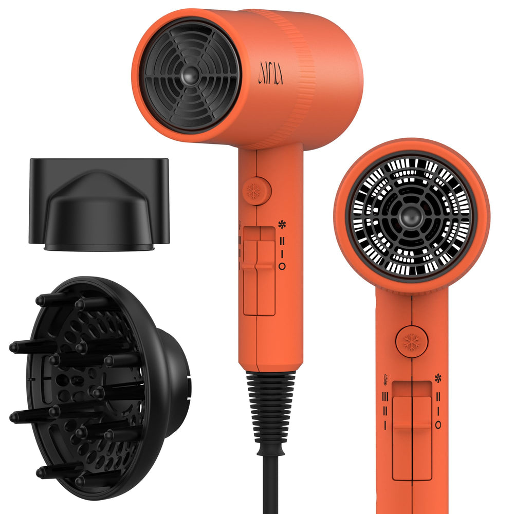 AINA front view of lava orange dryer showing compact shape and controls, easy styling