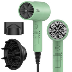 AINA jade green dryer front view showing controls and sleek shape for easy styling
