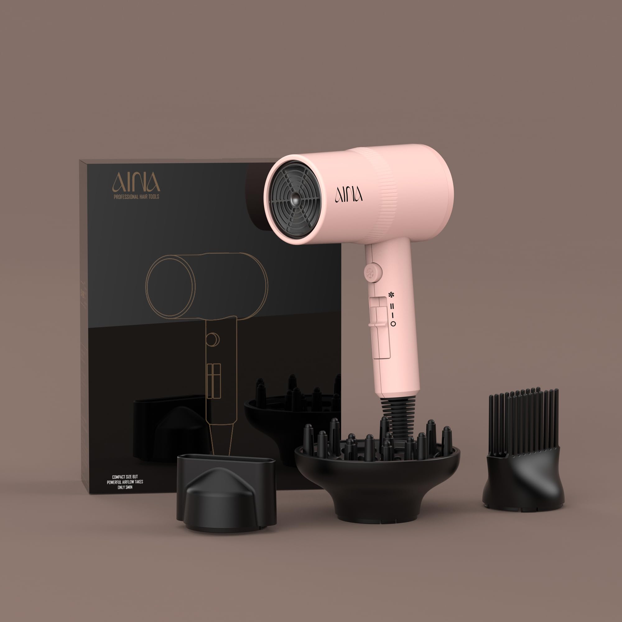 AINA hair dryer staged in bathroom showing fast drying and styling convenience