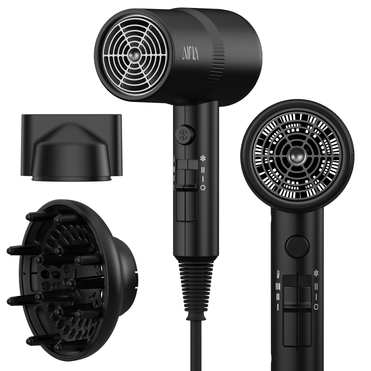 AINA front view Vader Black dryer showing sleek design and fast drying benefit
