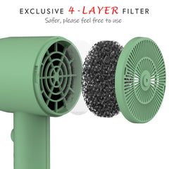 AINA four-layer airflow filter detail preventing hair intake and easing maintenance