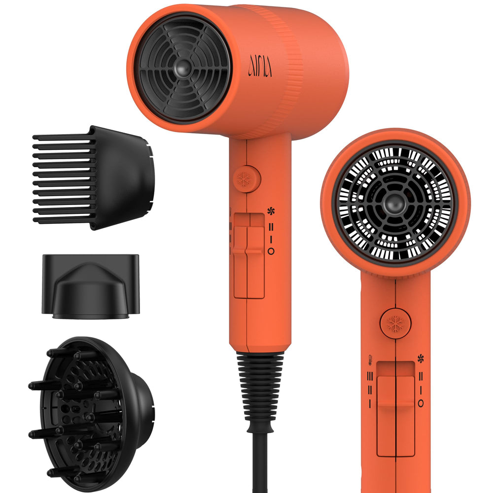 AINA hair dryer front view showing compact orange design and ergonomic grip