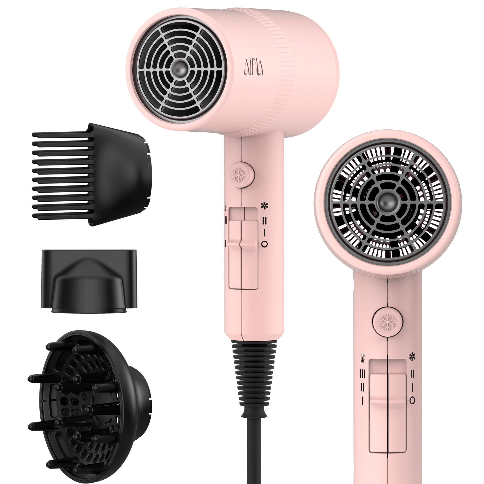AINA hair dryer front view in pink showing compact design and easy grip benefit