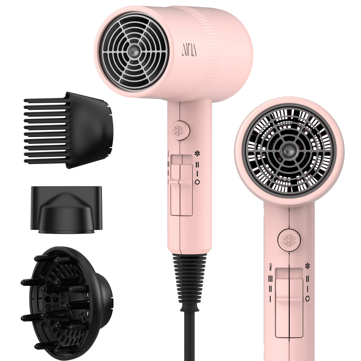 AINA hair dryer front view in pink showing compact design and easy grip benefit