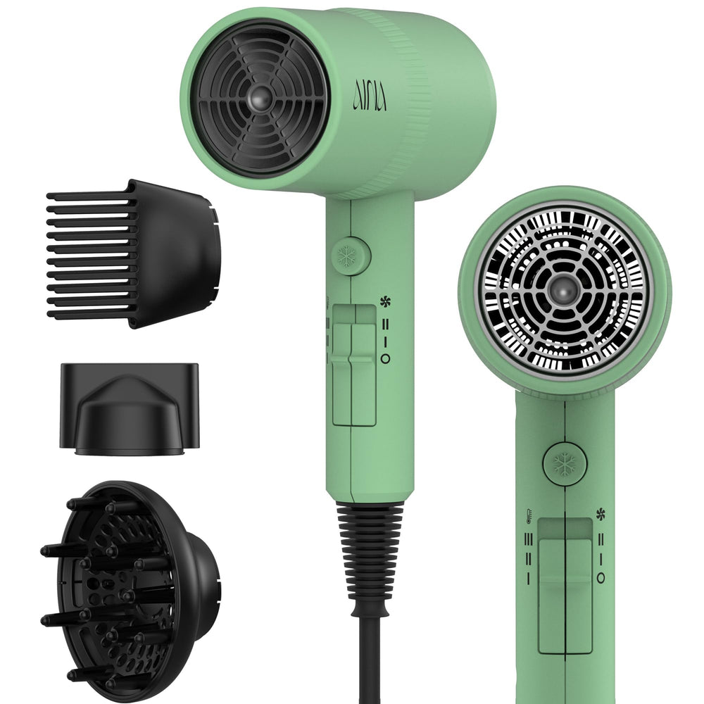 AINA hair dryer front view showing compact design and controls for quick styling