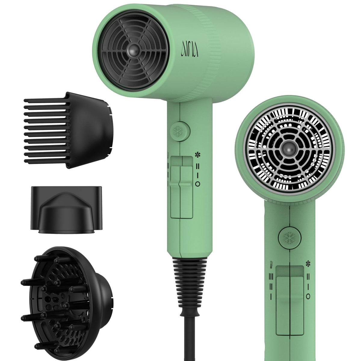 AINA hair dryer front view showing compact design and controls for quick styling