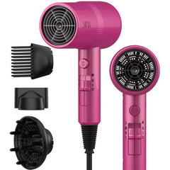AINA hair dryer front view in neon pink showing controls and nozzle, easy handling benefit