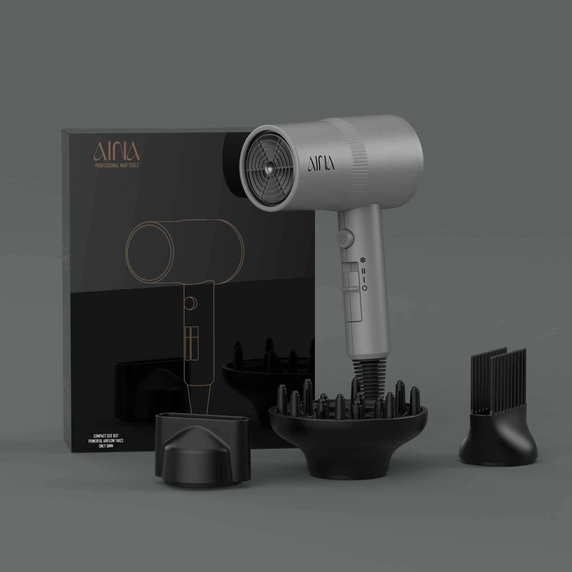 AINA hair dryer set on bathroom counter suggesting effortless daily styling