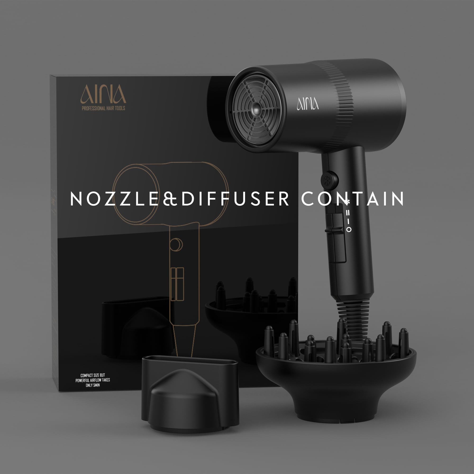 AINA handle controls showing two heat two speed and cold shot for styling control