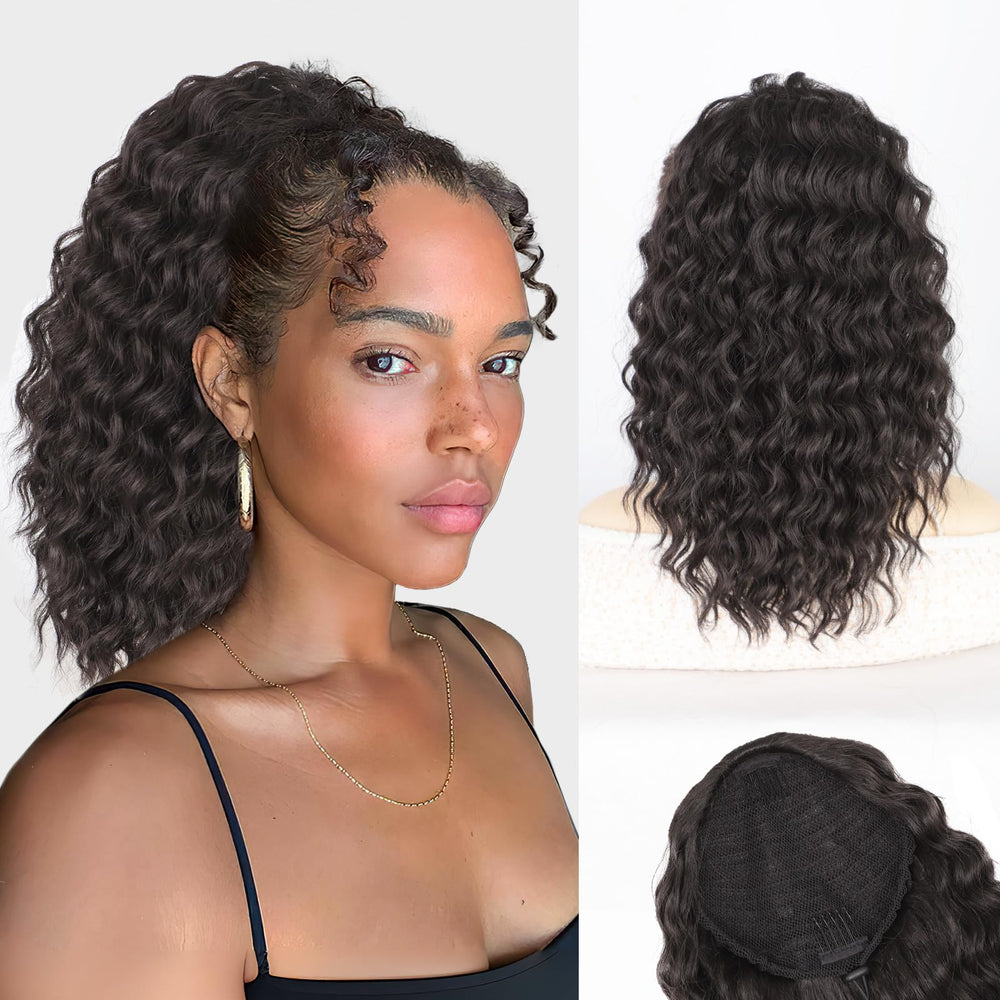 AISI BEAUTY front view of packaged curly drawstring ponytail showing full volume benefit