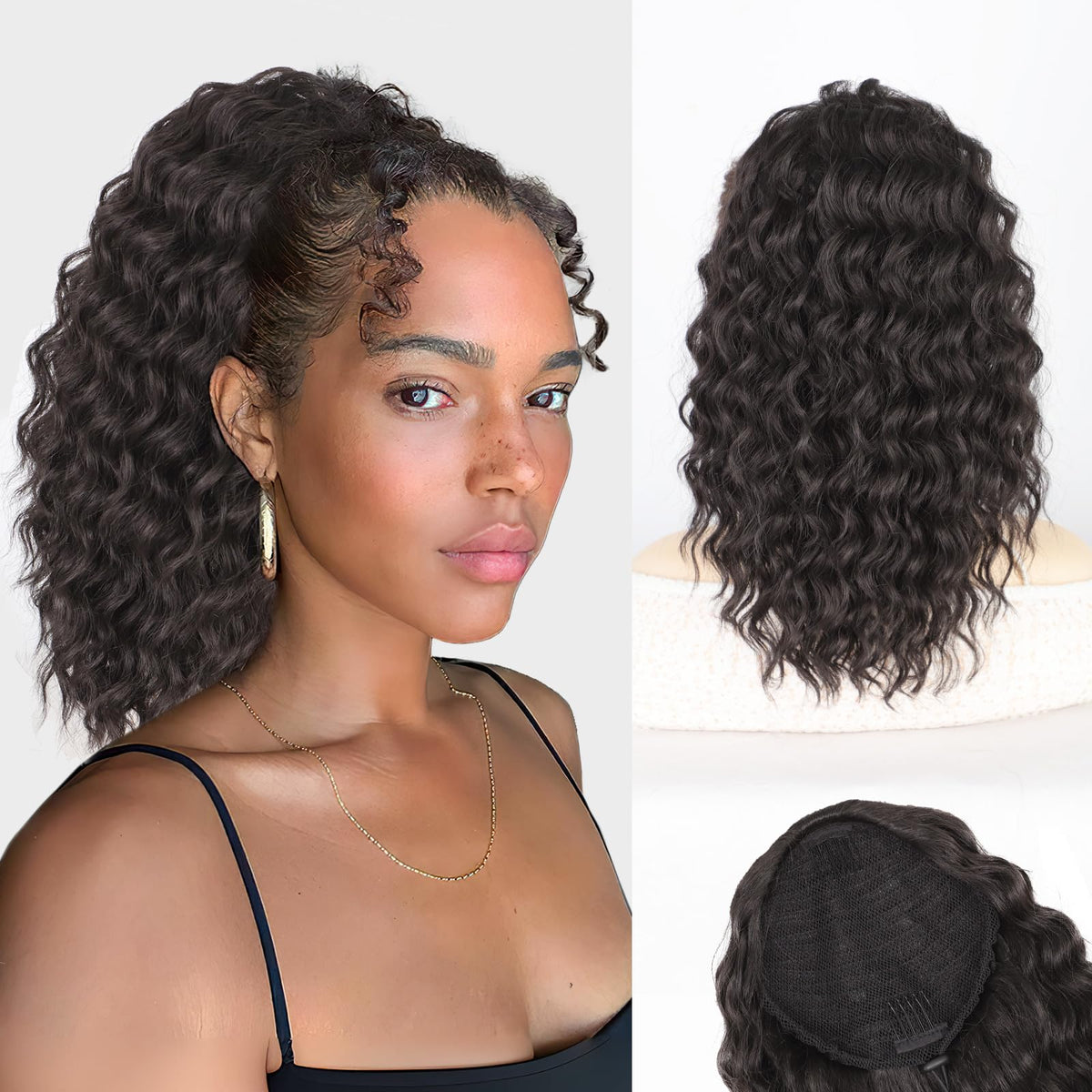 AISI BEAUTY front view of packaged curly drawstring ponytail showing full volume benefit
