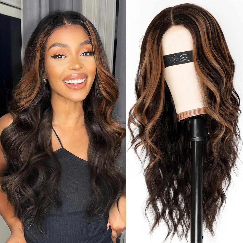 AISI HAIR front view brown highlights wig showing natural hairline and shine
