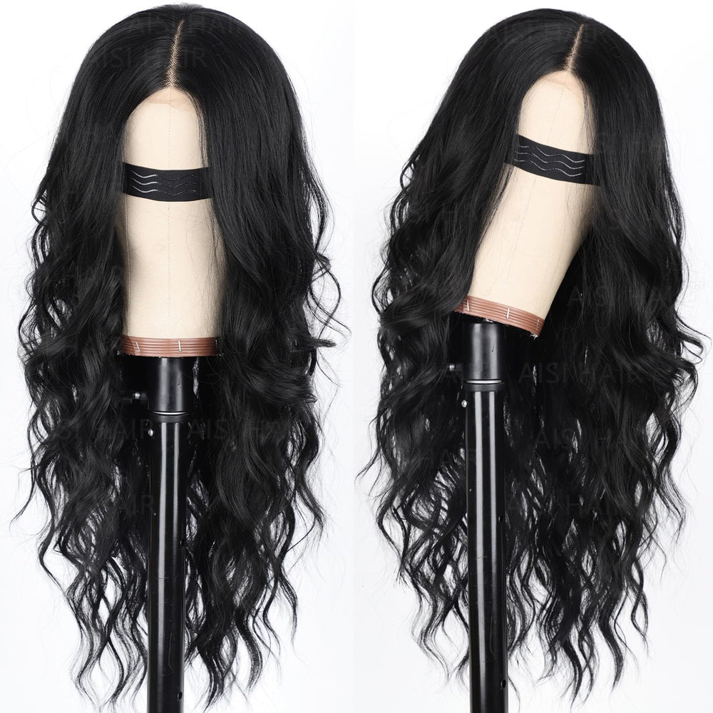 AISI HAIR full-length 26 inch wavy black wig showing volume and flow