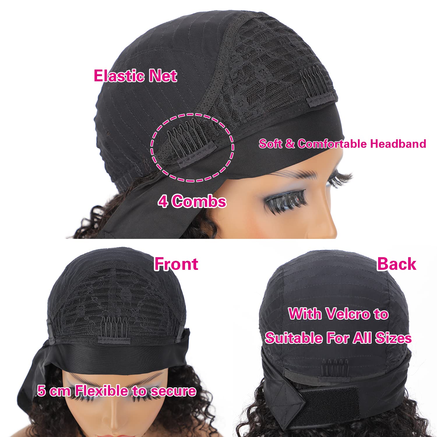 AISI elastic headband detail showing Velcro design for secure, glueless fit benefit
