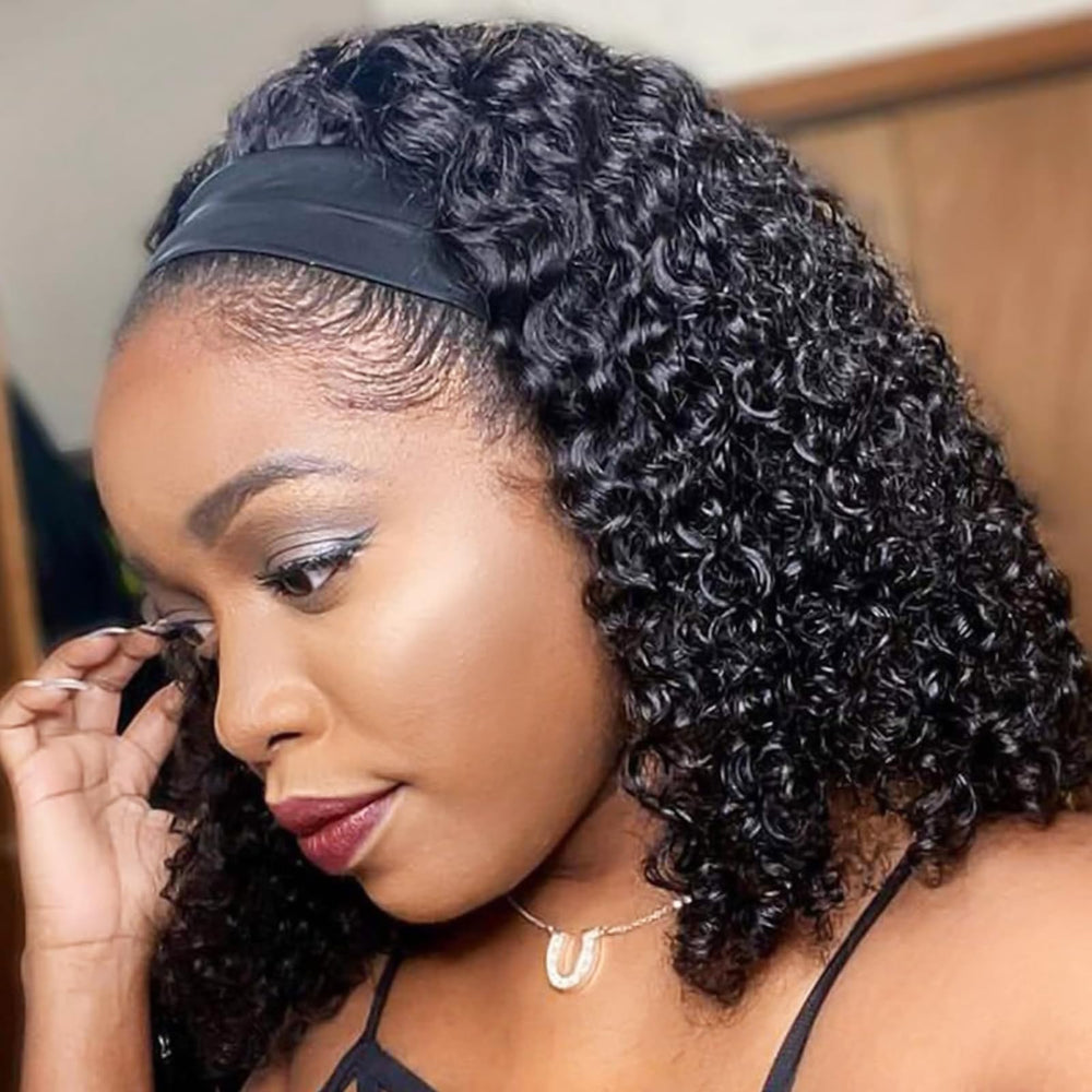 AISI QUEENS front view headband wig showing natural black curls and stylish shape