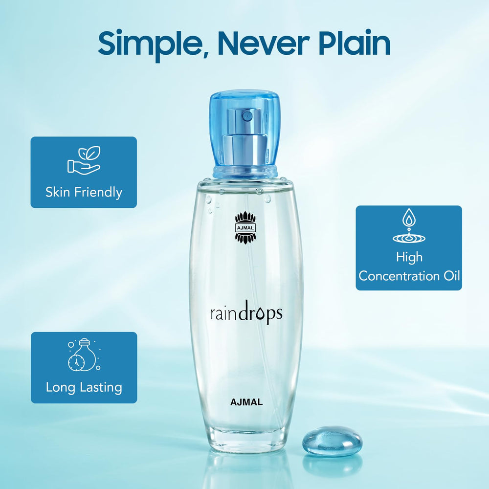 Ajmal Raindrops retail box packaging with clear branding and product info