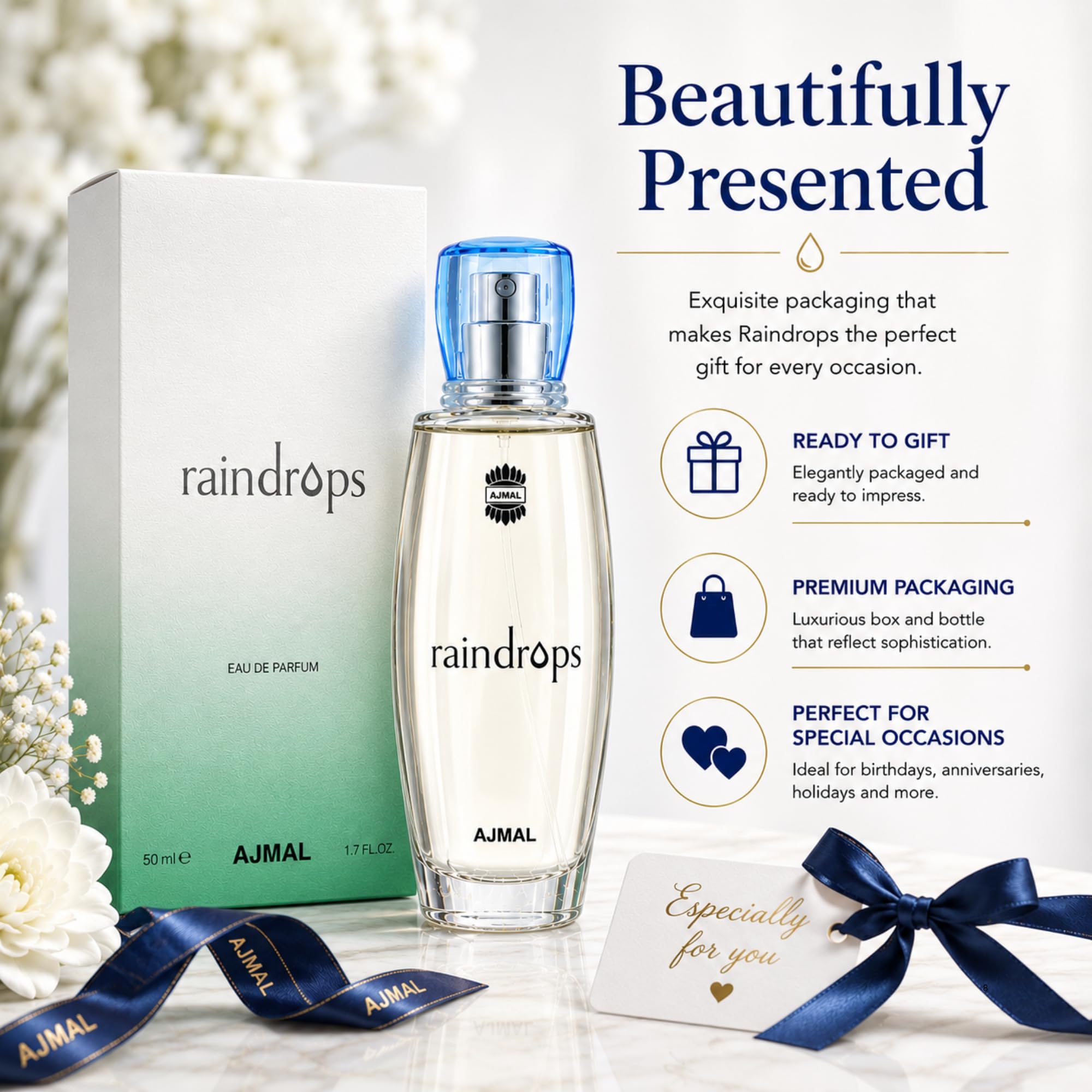 Ajmal Raindrops lifestyle image with evening dress showing elegant use