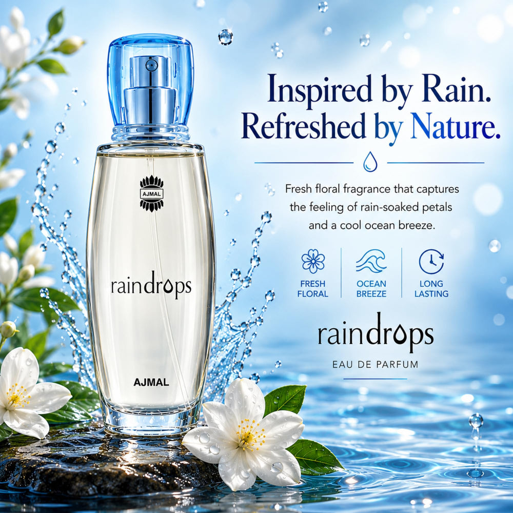 Ajmal Raindrops swatch on skin showing colourless mist and wearability