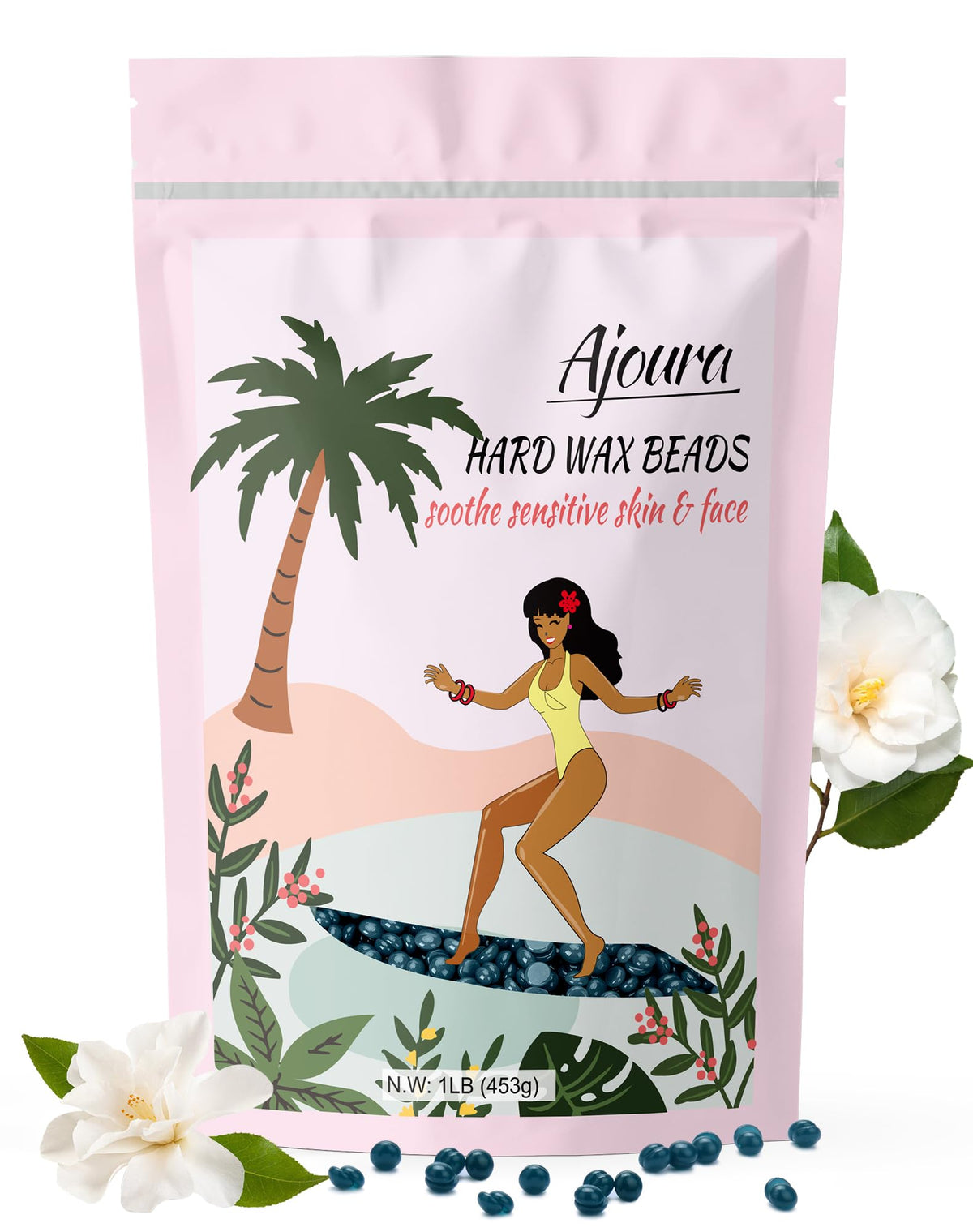 Ajoura front packaging shows jasmine hard wax beads and benefit of salon-style results
