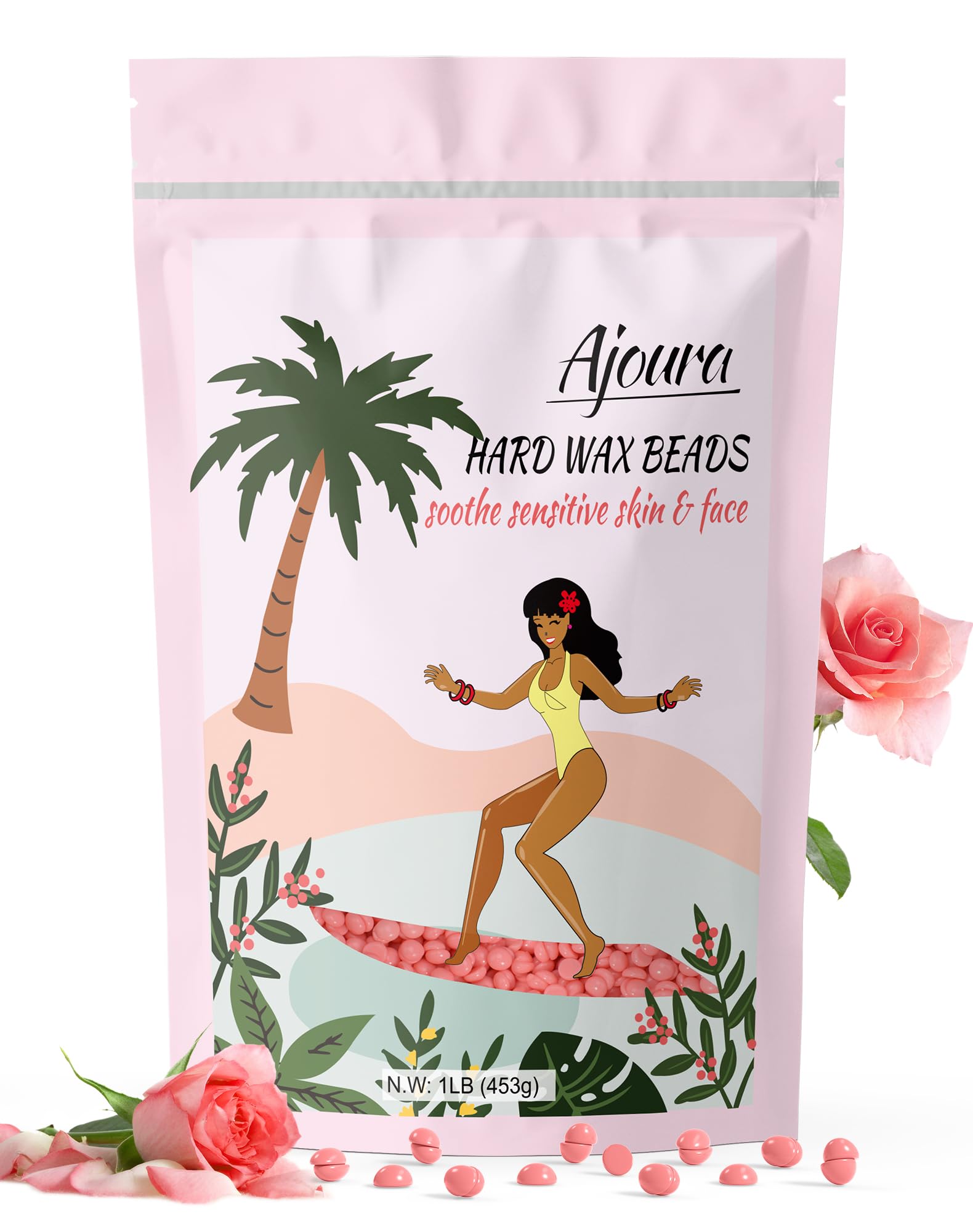 Ajoura front packaging showing 1 lb pink rose wax beads for salon results