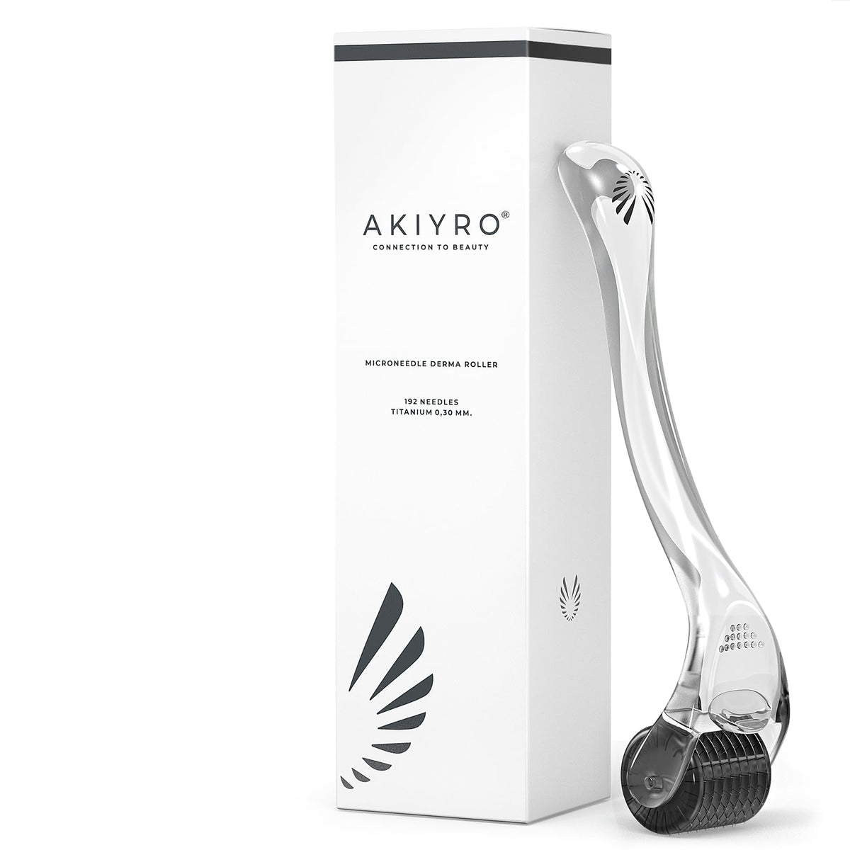 AKIYRO derma roller front view showing sleek black finish and compact design for easy use