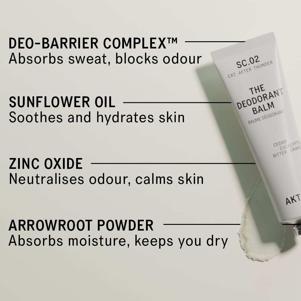 AKT deodorant balm label detail highlighting DEO-BARRIER COMPLEX benefit