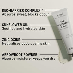 AKT deodorant balm label detail highlighting DEO-BARRIER COMPLEX benefit