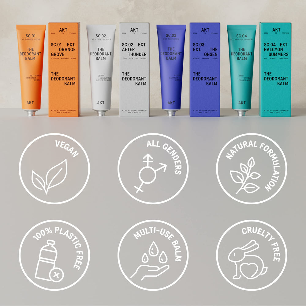 AKT deodorant balm used outdoors on a bench showing all-day freshness benefit