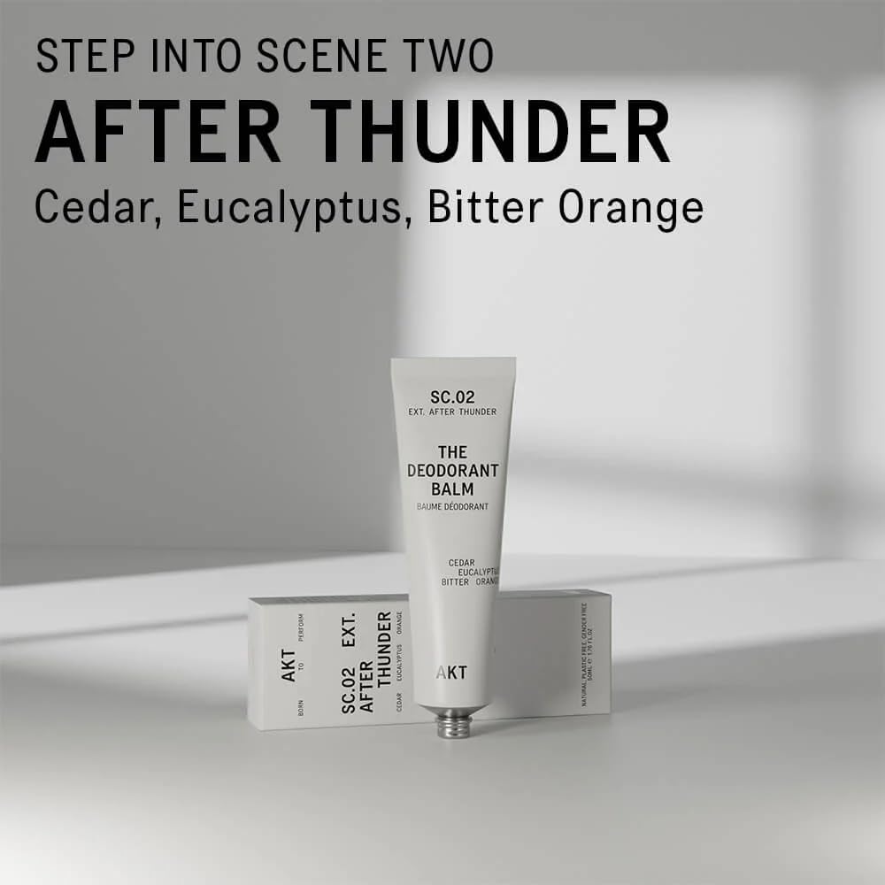 AKT deodorant balm held in hand to show 50mL size and travel convenience benefit