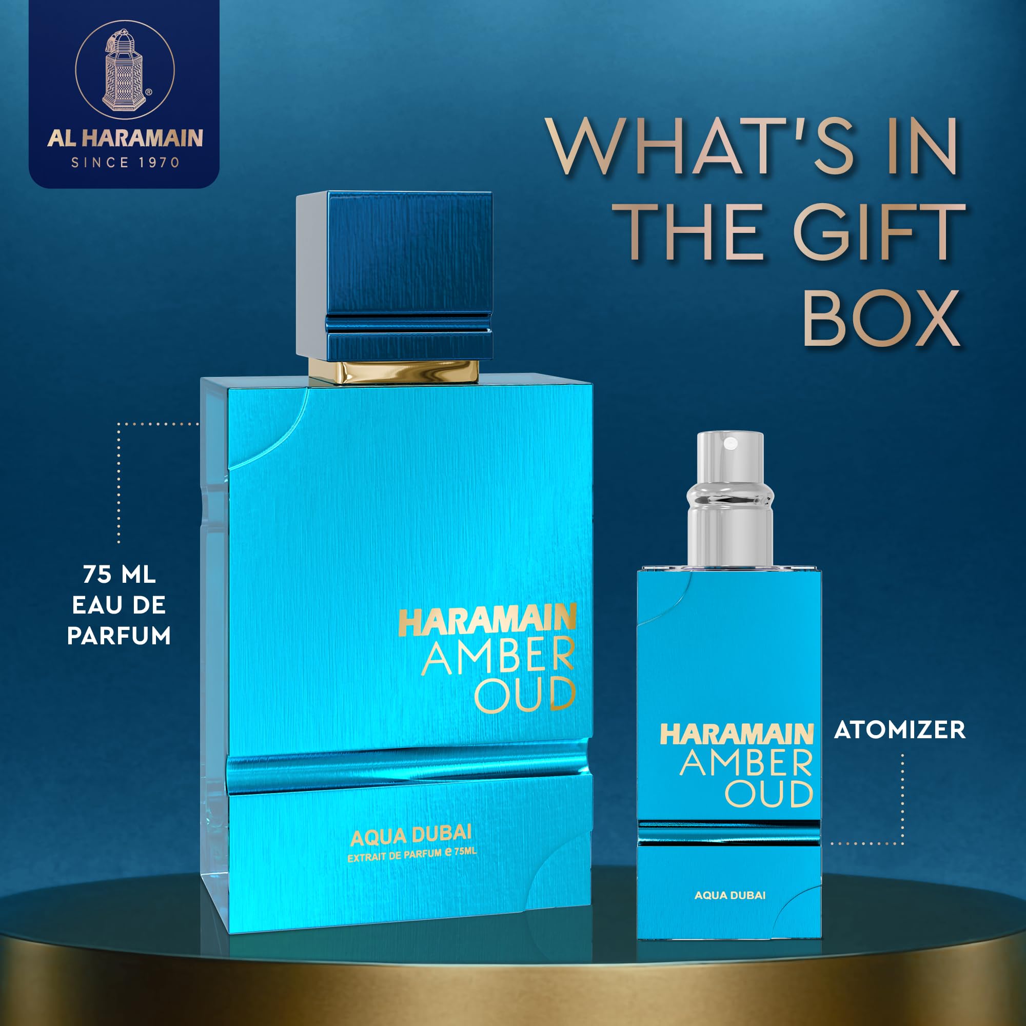 Al Haramain amber oud aqua dubai with refillable atomizer shown for travel convenience