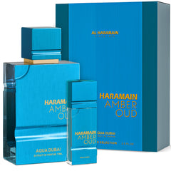 Al Haramain amber oud aqua dubai front bottle displayed with clean backdrop and clear label