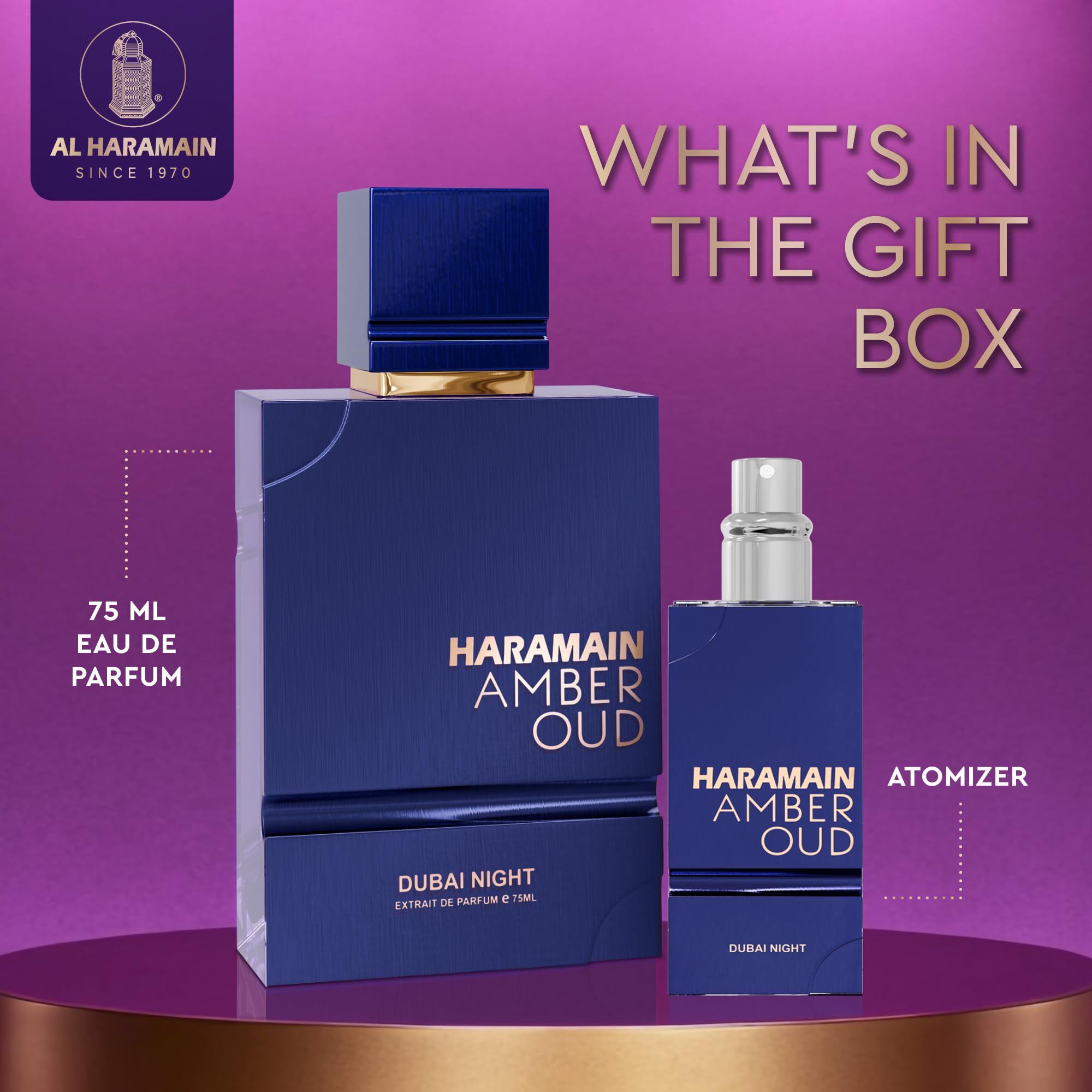 Al Haramain bottle beside atomizer for travel convenience and precise spraying benefit