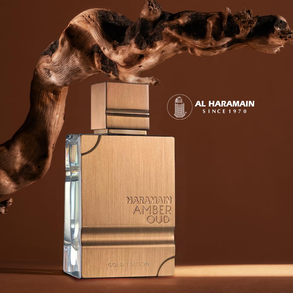 Al Haramain amber oud bottle close-up highlighting glass texture and luxe finish